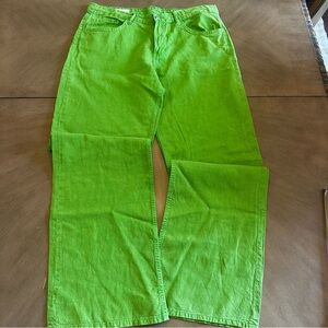 Zara Bright Green Straight Leg Pants High Rise Wide Leg Statement Trouser